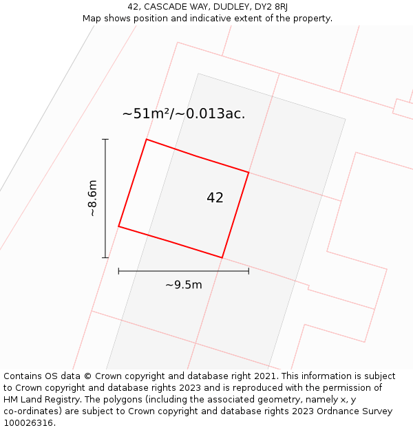 42, CASCADE WAY, DUDLEY, DY2 8RJ: Plot and title map