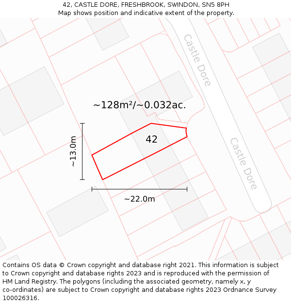 42, CASTLE DORE, FRESHBROOK, SWINDON, SN5 8PH: Plot and title map