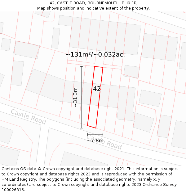 42, CASTLE ROAD, BOURNEMOUTH, BH9 1PJ: Plot and title map