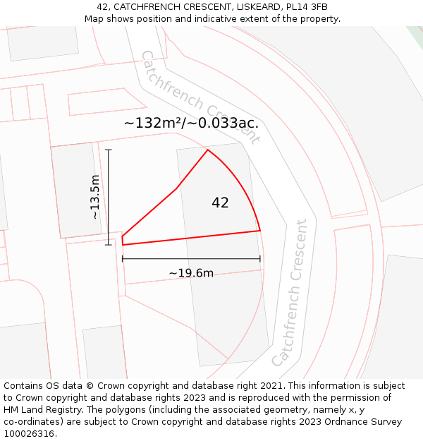 42, CATCHFRENCH CRESCENT, LISKEARD, PL14 3FB: Plot and title map