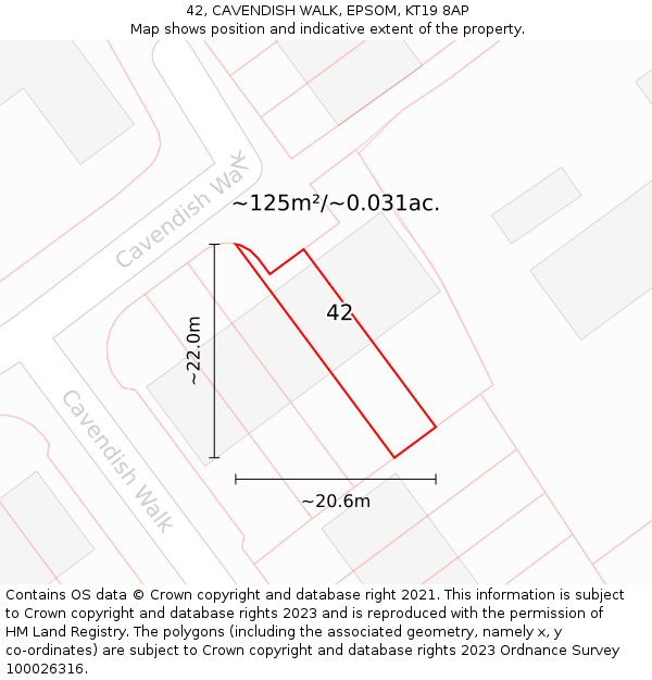 42, CAVENDISH WALK, EPSOM, KT19 8AP: Plot and title map