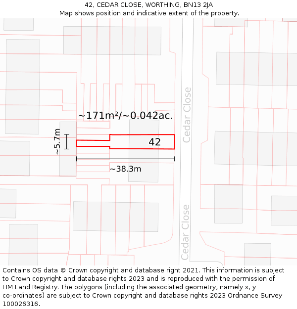 42, CEDAR CLOSE, WORTHING, BN13 2JA: Plot and title map