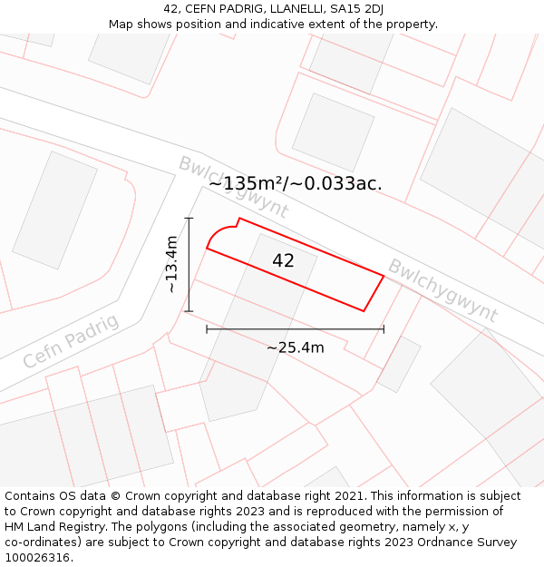 42, CEFN PADRIG, LLANELLI, SA15 2DJ: Plot and title map
