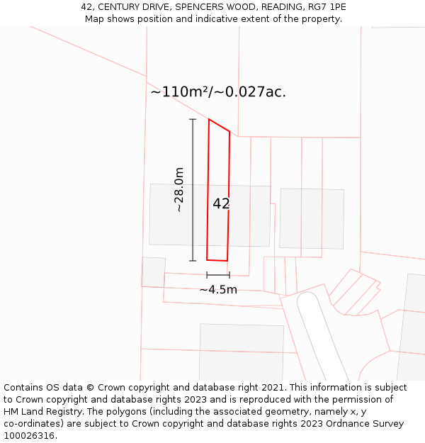 42, CENTURY DRIVE, SPENCERS WOOD, READING, RG7 1PE: Plot and title map