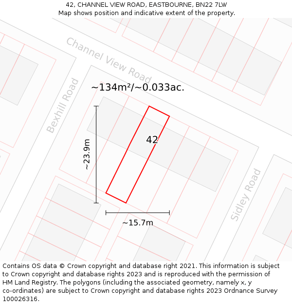 42, CHANNEL VIEW ROAD, EASTBOURNE, BN22 7LW: Plot and title map