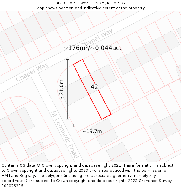 42, CHAPEL WAY, EPSOM, KT18 5TG: Plot and title map