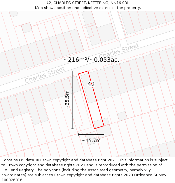 42, CHARLES STREET, KETTERING, NN16 9RL: Plot and title map