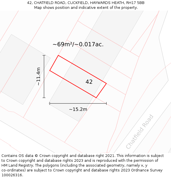 42, CHATFIELD ROAD, CUCKFIELD, HAYWARDS HEATH, RH17 5BB: Plot and title map