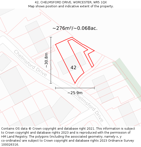 42, CHELMSFORD DRIVE, WORCESTER, WR5 1QX: Plot and title map