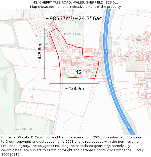 42, CHERRY TREE ROAD, WALES, SHEFFIELD, S26 5LL: Plot and title map