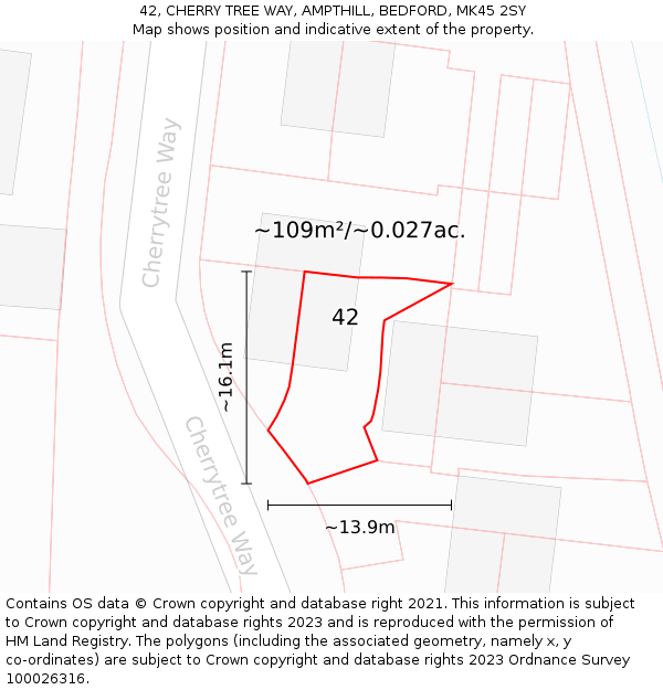 42, CHERRY TREE WAY, AMPTHILL, BEDFORD, MK45 2SY: Plot and title map