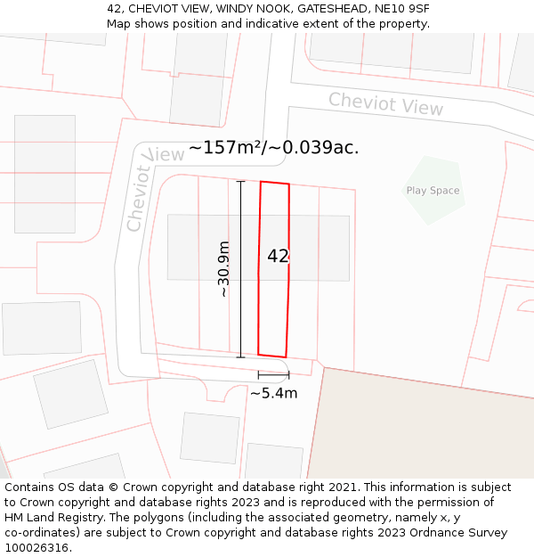 42, CHEVIOT VIEW, WINDY NOOK, GATESHEAD, NE10 9SF: Plot and title map