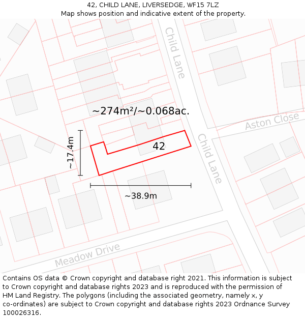 42, CHILD LANE, LIVERSEDGE, WF15 7LZ: Plot and title map