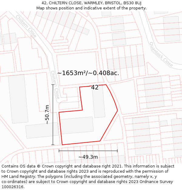 42, CHILTERN CLOSE, WARMLEY, BRISTOL, BS30 8UJ: Plot and title map