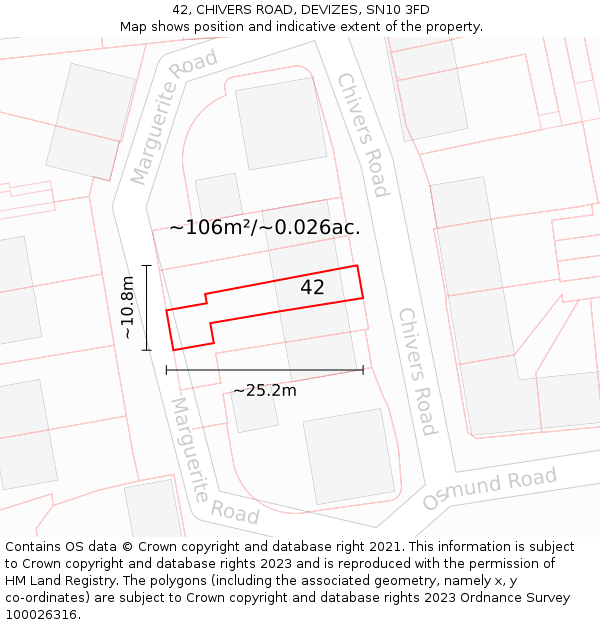 42, CHIVERS ROAD, DEVIZES, SN10 3FD: Plot and title map