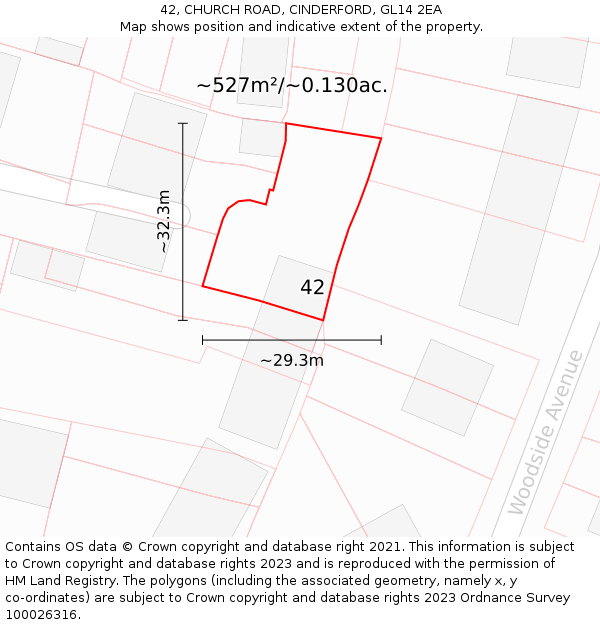 42, CHURCH ROAD, CINDERFORD, GL14 2EA: Plot and title map