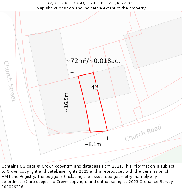 42, CHURCH ROAD, LEATHERHEAD, KT22 8BD: Plot and title map