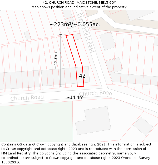 42, CHURCH ROAD, MAIDSTONE, ME15 6QY: Plot and title map