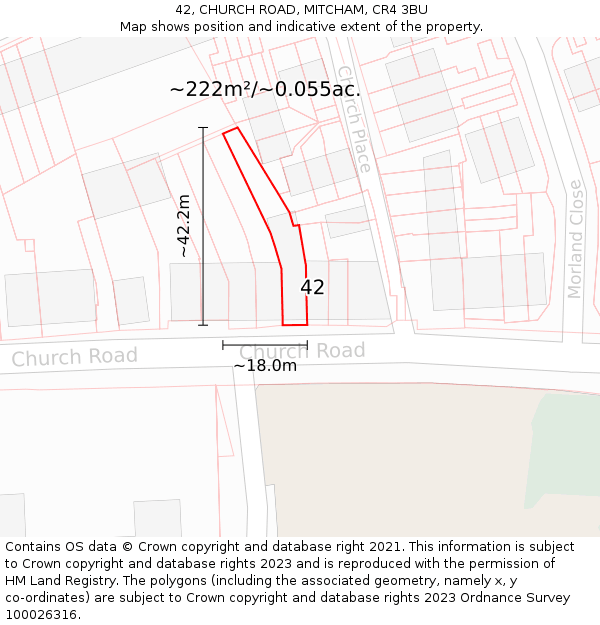42, CHURCH ROAD, MITCHAM, CR4 3BU: Plot and title map