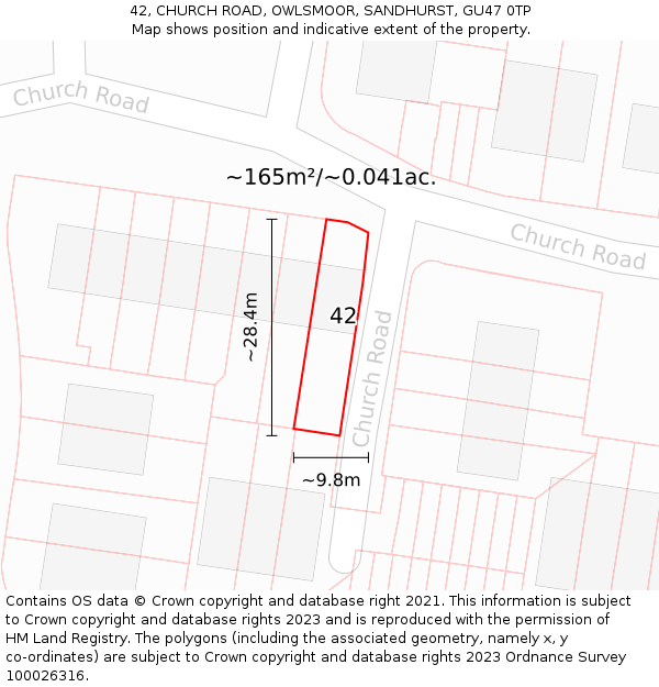 42, CHURCH ROAD, OWLSMOOR, SANDHURST, GU47 0TP: Plot and title map