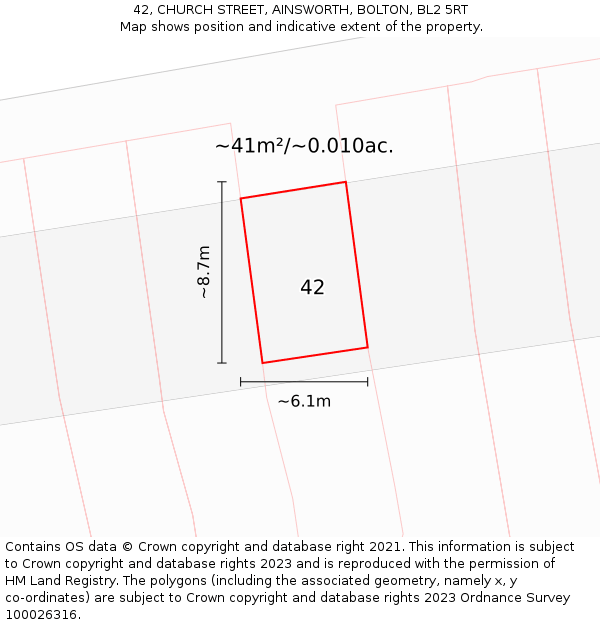 42, CHURCH STREET, AINSWORTH, BOLTON, BL2 5RT: Plot and title map