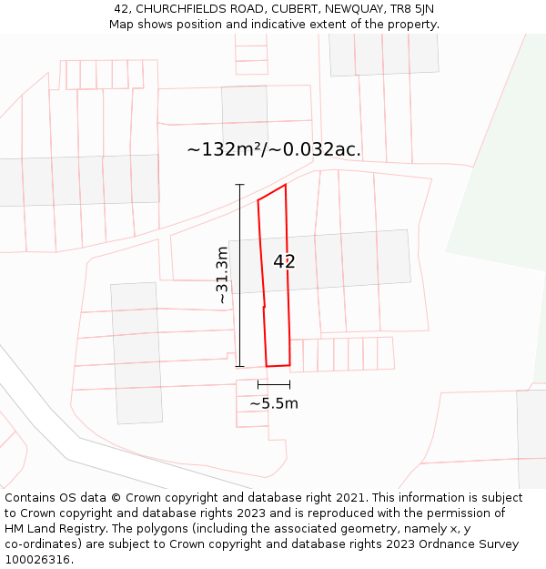 42, CHURCHFIELDS ROAD, CUBERT, NEWQUAY, TR8 5JN: Plot and title map