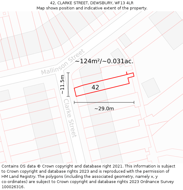 42, CLARKE STREET, DEWSBURY, WF13 4LR: Plot and title map