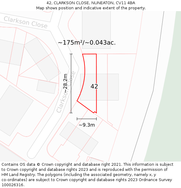 42, CLARKSON CLOSE, NUNEATON, CV11 4BA: Plot and title map