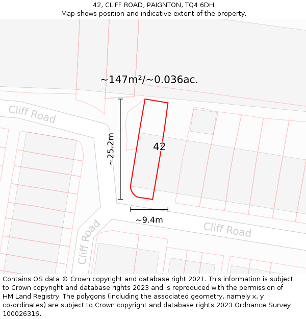 42, CLIFF ROAD, PAIGNTON, TQ4 6DH: Plot and title map
