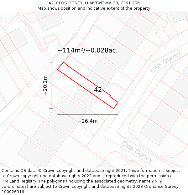 42, CLOS OGNEY, LLANTWIT MAJOR, CF61 2SN: Plot and title map