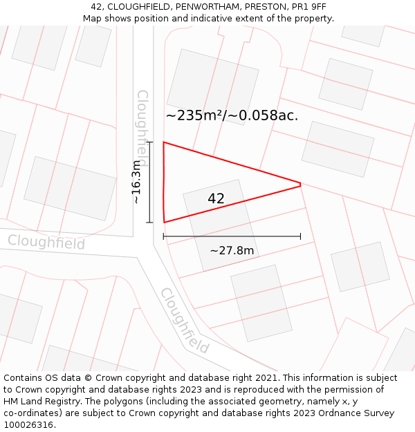 42, CLOUGHFIELD, PENWORTHAM, PRESTON, PR1 9FF: Plot and title map