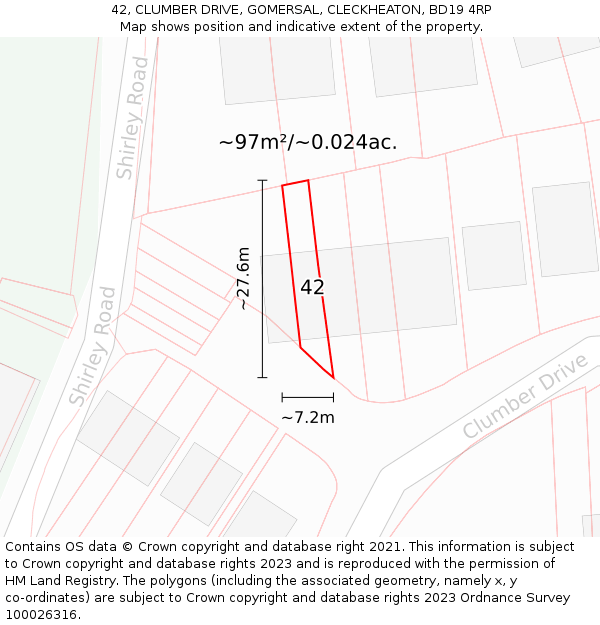 42, CLUMBER DRIVE, GOMERSAL, CLECKHEATON, BD19 4RP: Plot and title map