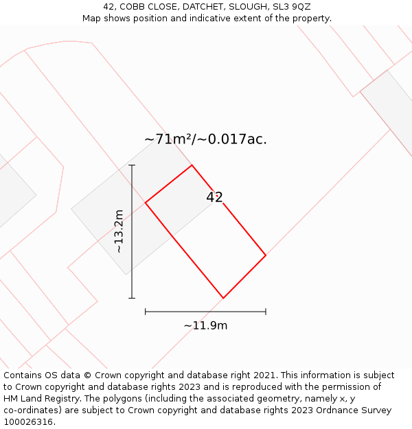 42, COBB CLOSE, DATCHET, SLOUGH, SL3 9QZ: Plot and title map