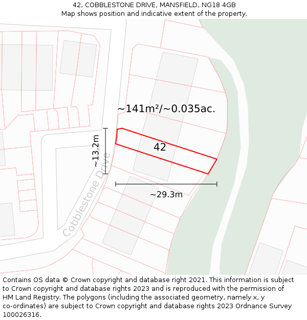 42, COBBLESTONE DRIVE, MANSFIELD, NG18 4GB: Plot and title map