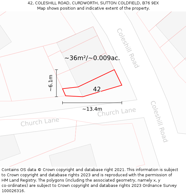 42, COLESHILL ROAD, CURDWORTH, SUTTON COLDFIELD, B76 9EX: Plot and title map