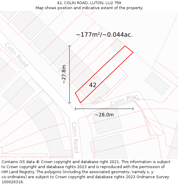 42, COLIN ROAD, LUTON, LU2 7RX: Plot and title map