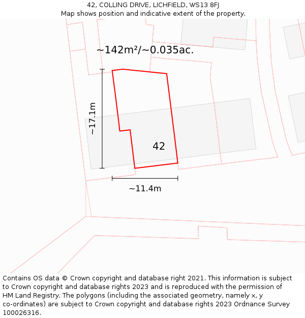 42, COLLING DRIVE, LICHFIELD, WS13 8FJ: Plot and title map
