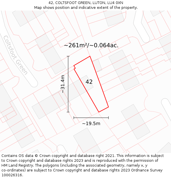 42, COLTSFOOT GREEN, LUTON, LU4 0XN: Plot and title map