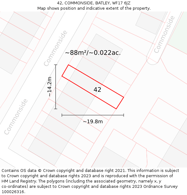 42, COMMONSIDE, BATLEY, WF17 6JZ: Plot and title map