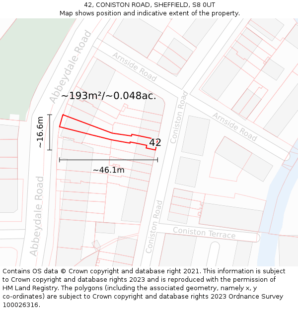 42, CONISTON ROAD, SHEFFIELD, S8 0UT: Plot and title map