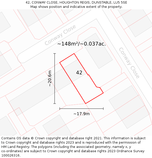 42, CONWAY CLOSE, HOUGHTON REGIS, DUNSTABLE, LU5 5SE: Plot and title map