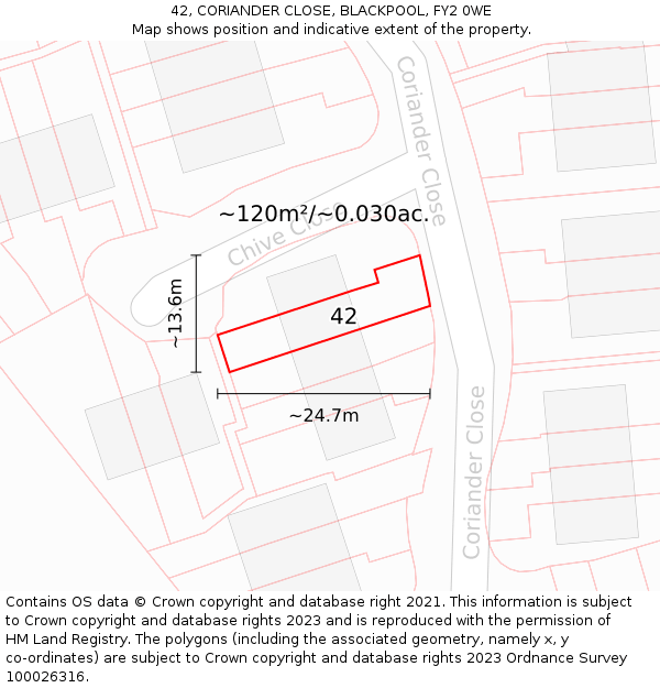 42, CORIANDER CLOSE, BLACKPOOL, FY2 0WE: Plot and title map