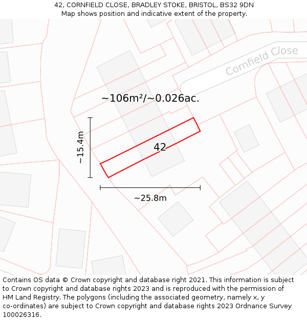 42, CORNFIELD CLOSE, BRADLEY STOKE, BRISTOL, BS32 9DN: Plot and title map