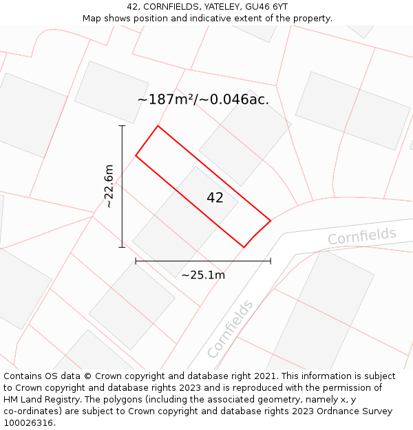 42, CORNFIELDS, YATELEY, GU46 6YT: Plot and title map