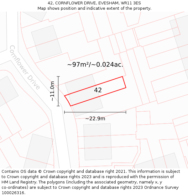 42, CORNFLOWER DRIVE, EVESHAM, WR11 3ES: Plot and title map