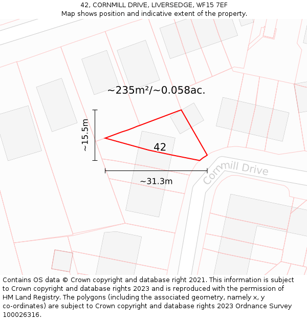 42, CORNMILL DRIVE, LIVERSEDGE, WF15 7EF: Plot and title map
