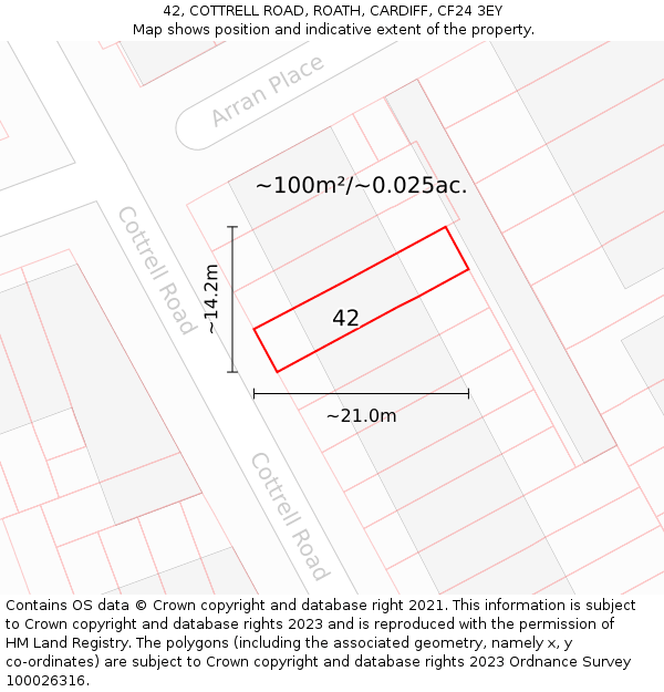 42, COTTRELL ROAD, ROATH, CARDIFF, CF24 3EY: Plot and title map
