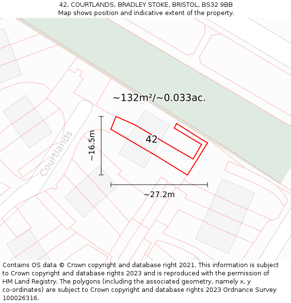 42, COURTLANDS, BRADLEY STOKE, BRISTOL, BS32 9BB: Plot and title map