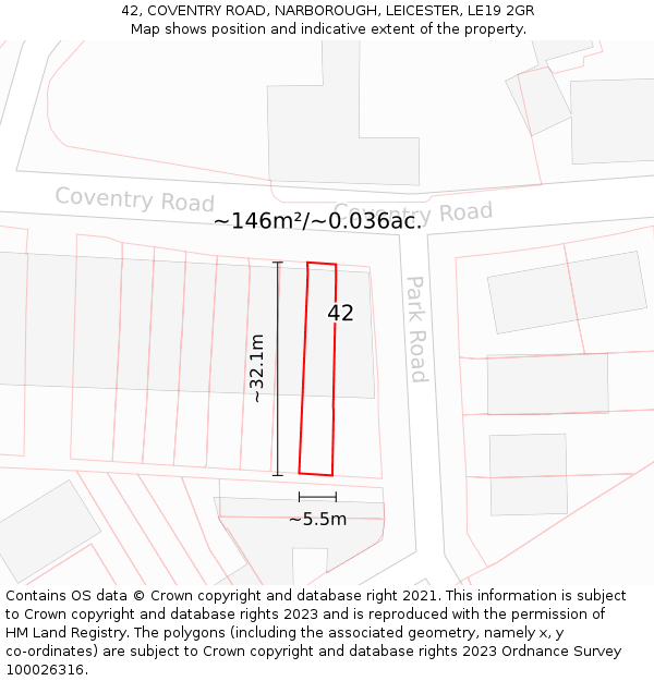 42, COVENTRY ROAD, NARBOROUGH, LEICESTER, LE19 2GR: Plot and title map