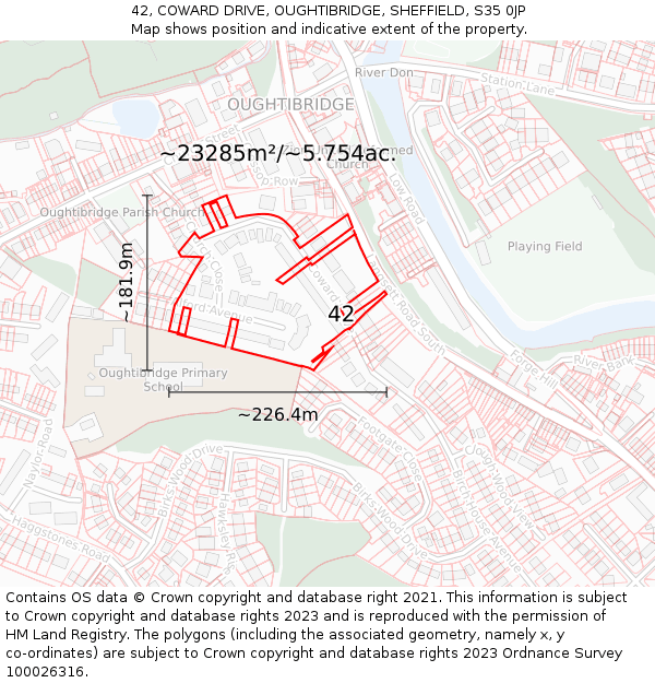 42, COWARD DRIVE, OUGHTIBRIDGE, SHEFFIELD, S35 0JP: Plot and title map